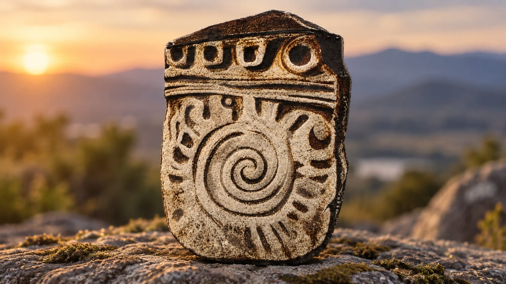 Sello de piedra con una espiral grabada, sobre una roca frente a la sierra al atardecer